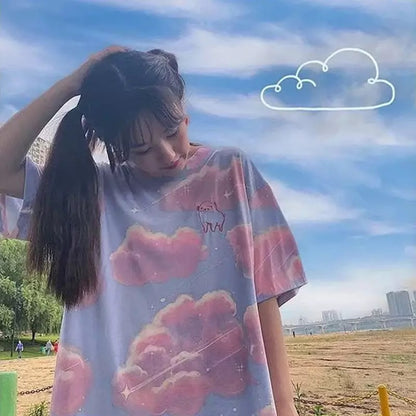 Cute Pastel Aesthetics Clouds Pig Embroidery Vintage Short Sleeve Shirt Oversized Loose T-shirt Top E-Girl Kawaii Korean Japanese Harajuku Streetwear