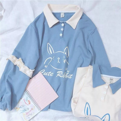Cute Bunny Rabbit Graphic Vintage Collar Long Sleeve T- Shirt Sweatshirt Aesthetic Casual E-Girl Kawaii Korean Japanese Harajuku