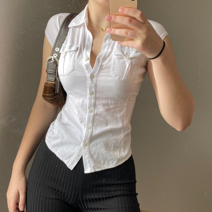 White Pocket Button Down Collar Short Sleeve Shirt