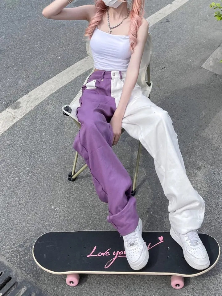 Purple & White Patchwork Straight Wide Leg Pants