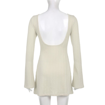 Cream Knit Backless Bodycon Long Sleeve Dress