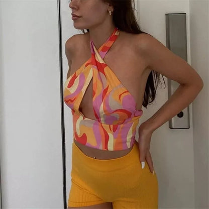 Cute Sexy Orange Vintage Retro Halter Crossover Straps Tank Crop Top Sleeveless Shirt Aesthetic Casual Summer E-Girl Kawaii Korean Japanese Haraju