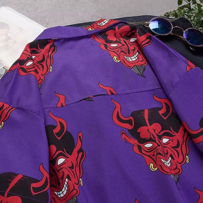 Summer Pink Purple Devil Print Button Down Casual Loose Short Sleeve Tee Shirt T-shirt Top E-Girl Kawaii Korean Japanese Harajuku Streetwear