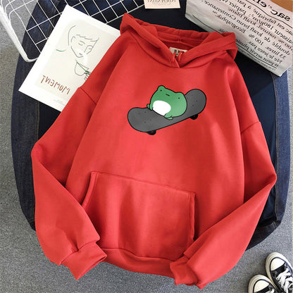 Skateboard Frog Cartoon Casual Loose Oversized Hoodie Sweater Sweatshirt Long Sleeve Pullover E-Girl Kawaii Korean Japanese Harajuku Streetwear
