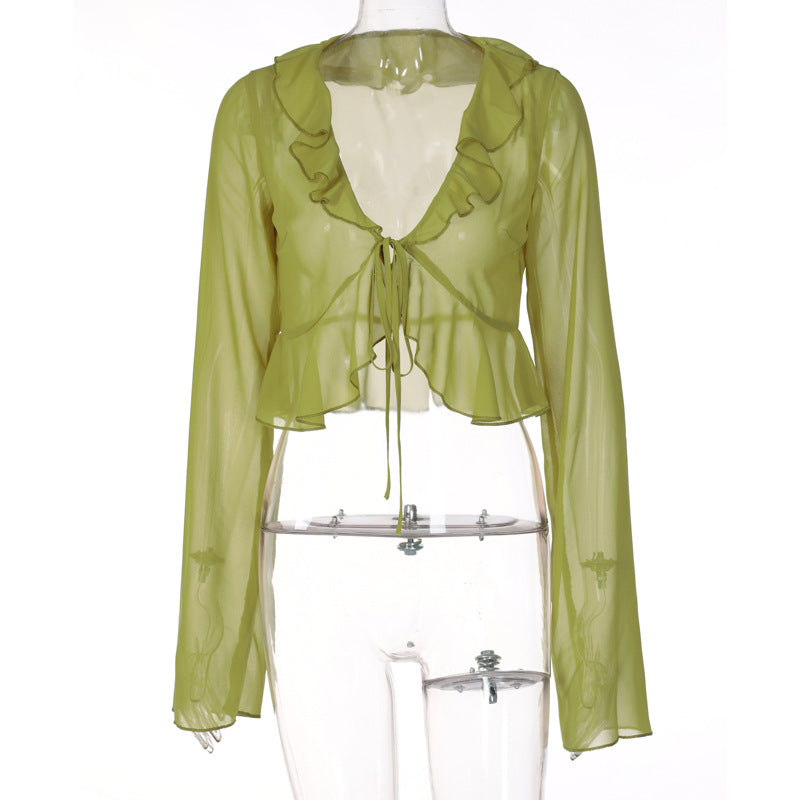 Green Sheer Flare Long Sleeve V Neck Blouse