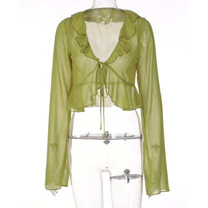 Green Sheer Flare Long Sleeve V Neck Blouse