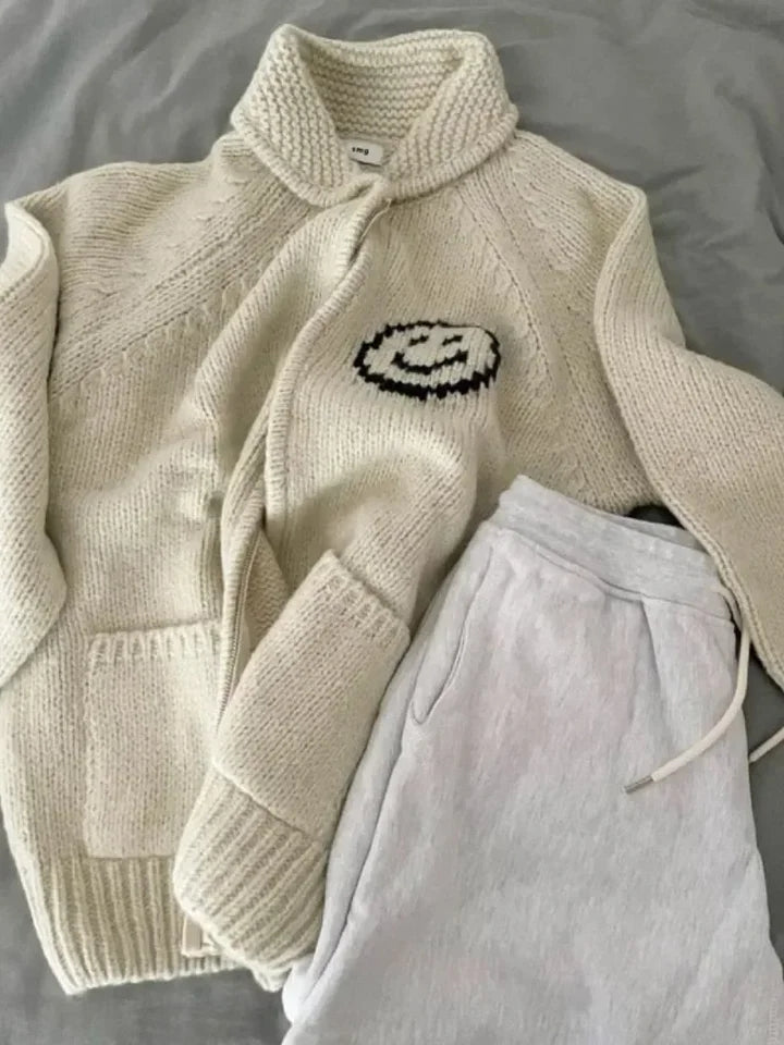 Smiley Face Loose Zipper Sweater