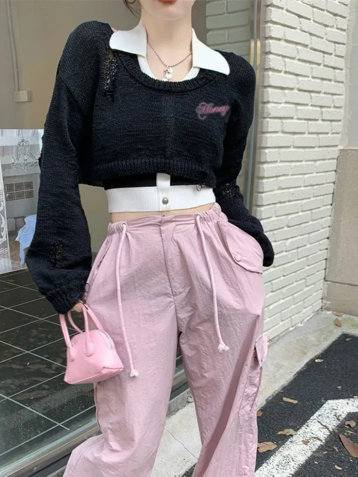Pink Y2K Oversized Cropped Smock Sweater