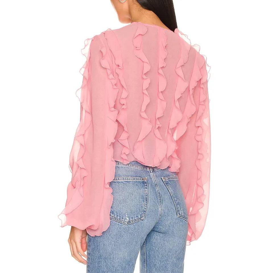 Pink Sheer Ruffle Long Sleeve Shirt