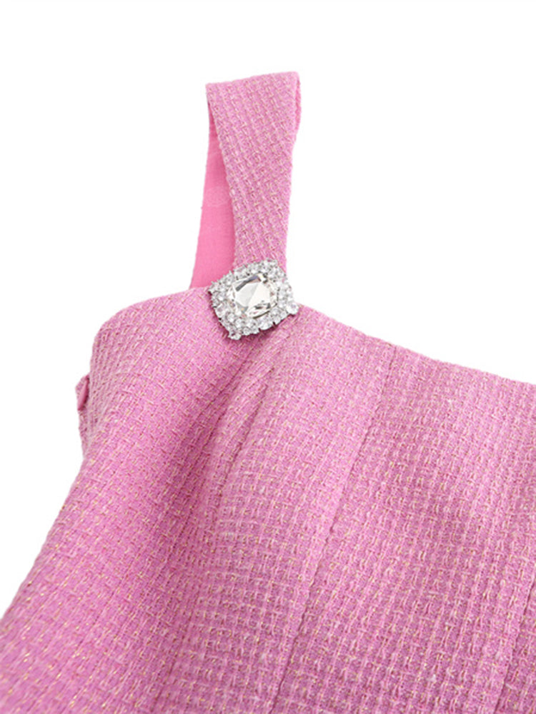 2PCs Pink Tweed Square Collar Top + Shorts Set