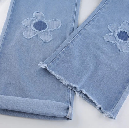 Cute Vintage Floral Patchwork Blue Denim High Waisted Jeans Pants Trouser Aesthetic Casual Summer E-Girl Kawaii Korean Japanese Harajuku