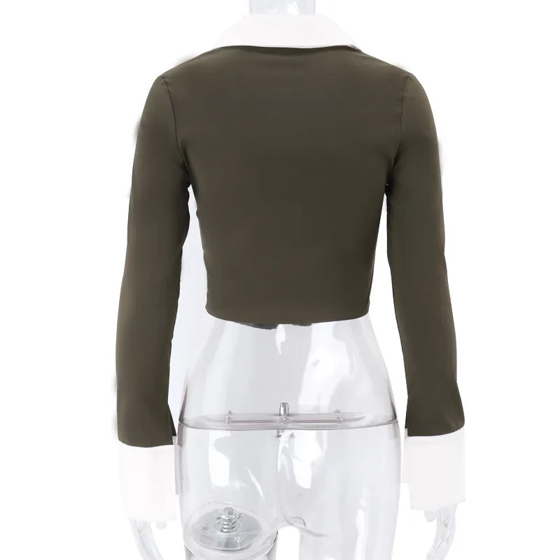 Polo Neck Low Cut Ruched Long Sleeve Crop Top