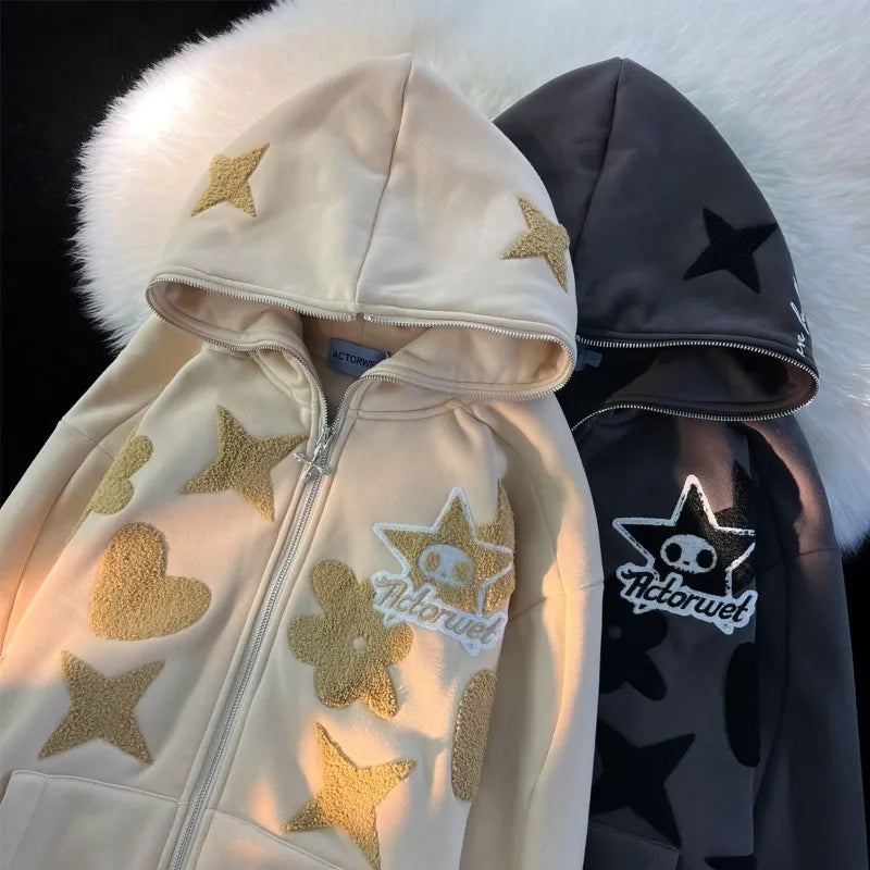 Star Print Zip Up Hoodie