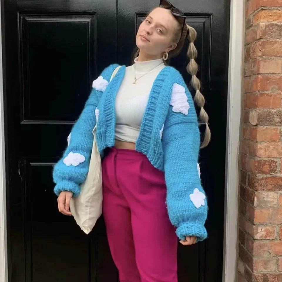 3D Blue Cloud Crochet Cardigan Sweater