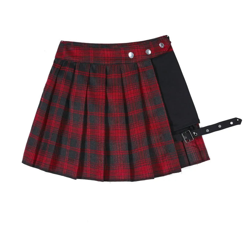 Red & Black Plaid Pleated Side Button Mini Skirt