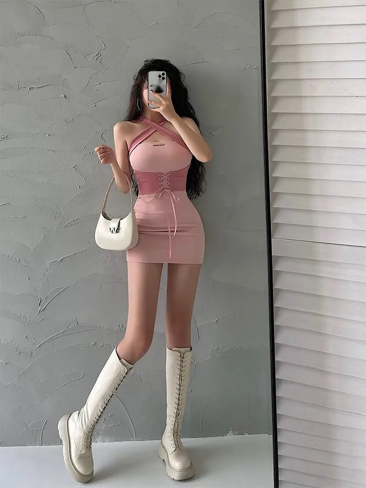 Pink Tie Up Corset Waist Bodycon Mini Dress