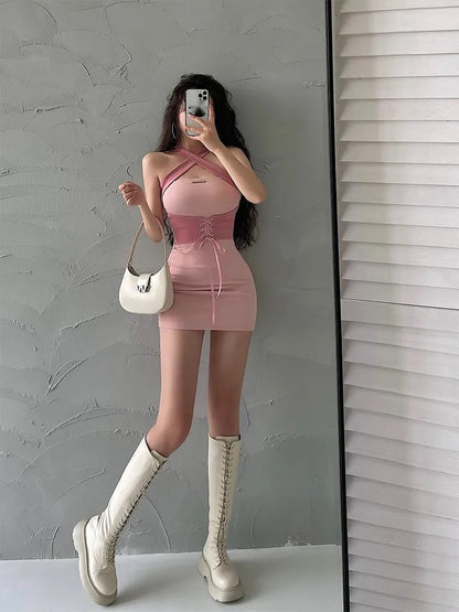 Pink Tie Up Corset Waist Bodycon Mini Dress