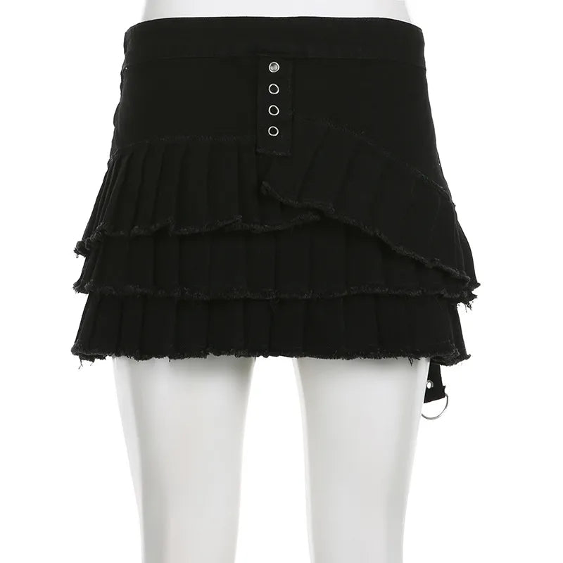 Black Denim Pleated Low Waist Irregular Mini Skirt