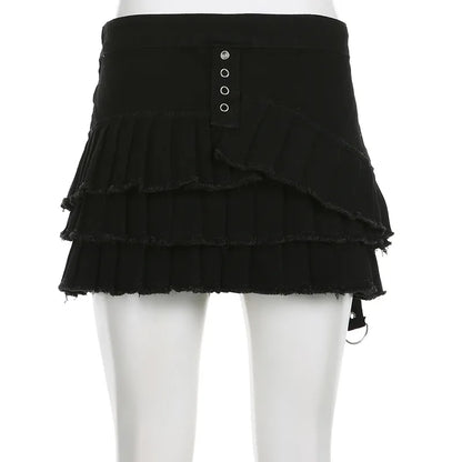 Black Denim Pleated Low Waist Irregular Mini Skirt