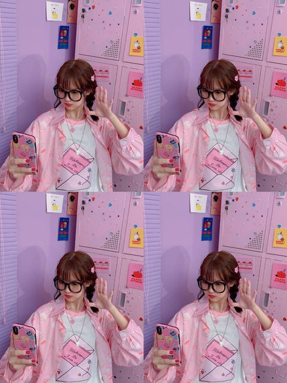 Cute Pastel Pink Strawberry Milk Yogurt Drink Blouse Long Sleeve Shirt Button Up Top Summer Casual E-Girl Kawaii Korean Japanese Harajuku Streetwear