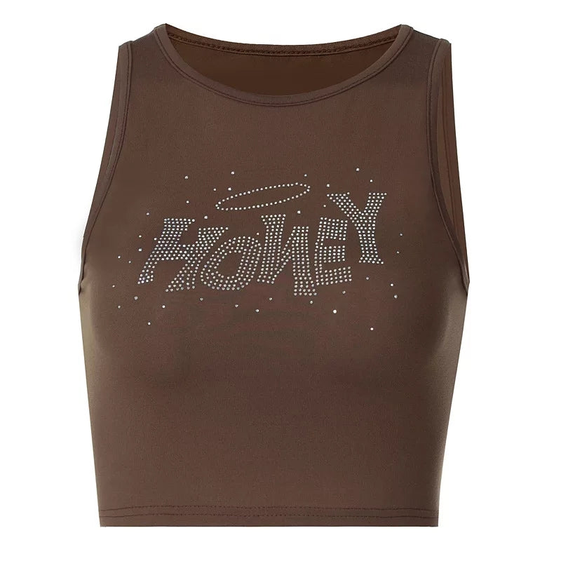 Cute Brown Honey Rhinestone Crystal Glitter Bling 90s Sleeveless Tank Crop Top Aesthetic Casual Summer E-Girl Kawaii Korean Japanese Harajuku