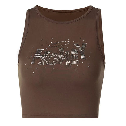 Cute Brown Honey Rhinestone Crystal Glitter Bling 90s Sleeveless Tank Crop Top Aesthetic Casual Summer E-Girl Kawaii Korean Japanese Harajuku