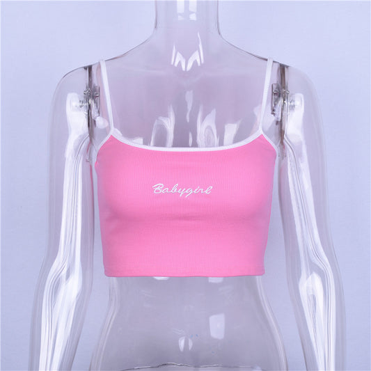 Sexy Pink Babygirl Letter Embroidery Spaghetti Strap Patchwork Crop Top Summer T-shirt E-Girl Kawaii Korean Japanese Harajuku Retro Streetwear Fashion