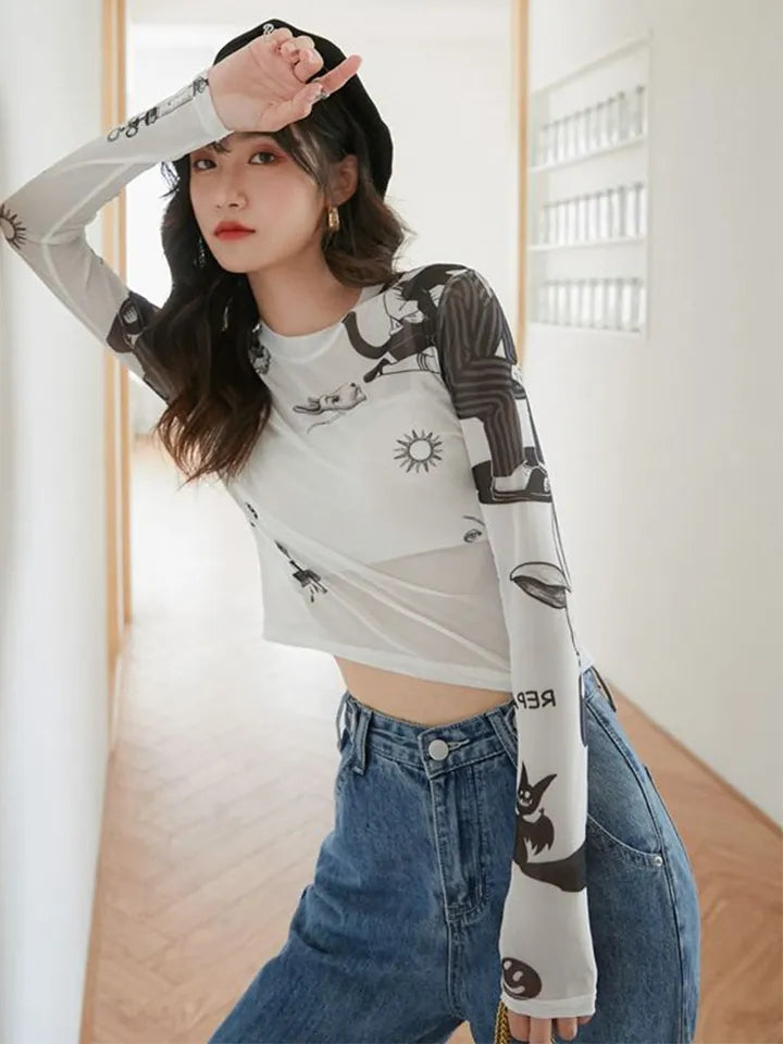 White Sun Mesh Transparent Long Sleeve Shirt