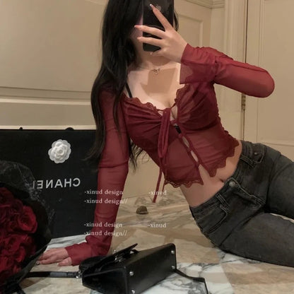 Red Lace See Through Blouse