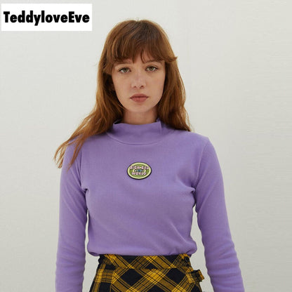 Cute Purple Knit Long Sleeve Shirt Turtleneck Sweatshirt T-shirt Top Autumn E-Girl Kawaii Korean Japanese Harajuku Streetwear