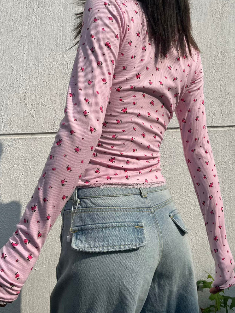 Pink Flower Lace Long Sleeve Shirt