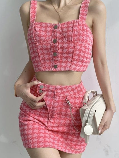 2PCS Pink Plaid Tank Top + Denim Mini Skirt