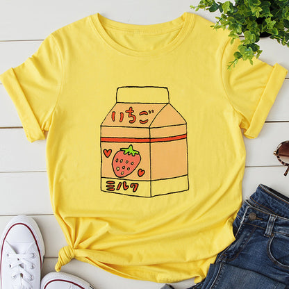 Cute Pink Peach Milk Carton Box Graphic Cartoon Print Loose Short Sleeve Short T-shirt Top Casual E-Girl Kawaii Korean Japanese Harajuku Streetwear
