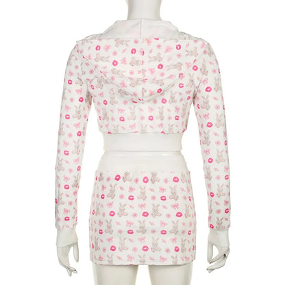 2PCS Rabbit Print Tracksuit Hoodie + Mini Skirt Set