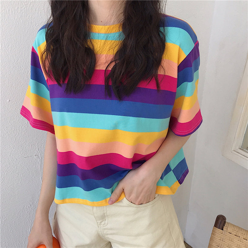 Cute Rainbow Colorful Stripe LGBT Pride Loose Oversized Short Sleeve Shirt Tee T-shirt E-Girl Kawaii Korean Japanese Harajuku Chinese Retro Streetwear