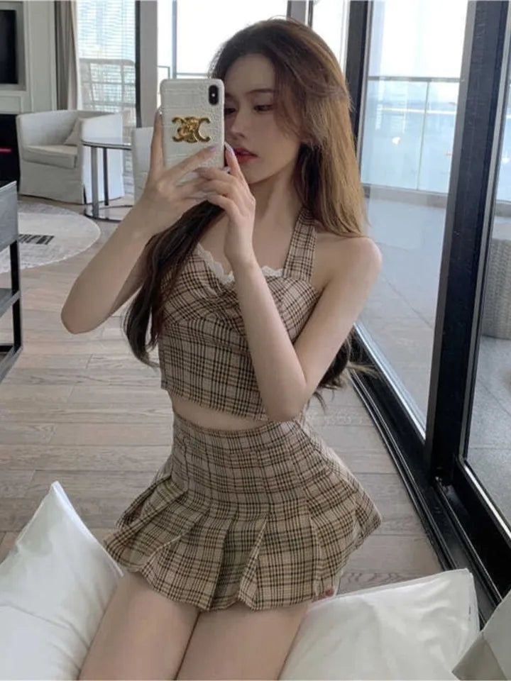 2PCS Plaid Lace Crop Top + Mini Skirt