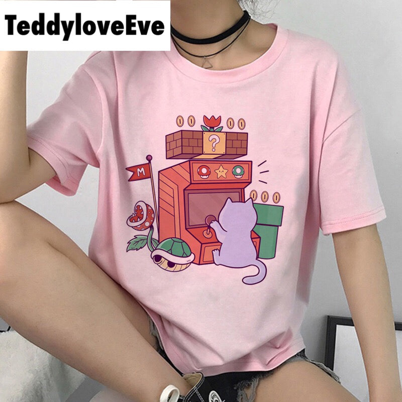 Cute Pink Cat Arcade Cartoon Graphic Casual Short Sleeve Shirt Tee T-shirt E-Girl Kawaii Korean Japanese Harajuku Chinese Retro Streetwear Aesthetic