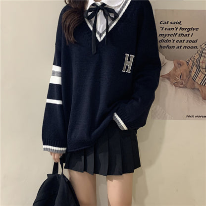 Cute Vintage Preppy V Neck Oversized Sweater Long Sleeve Shirt Pullover Hoodie Sweatshirt E-Girl Kawaii Korean Japanese Harajuku Retro Streetwear