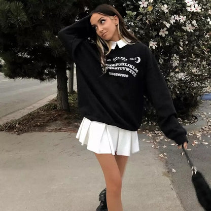 Black Ouija Board Magic Witch Oversized Sweatshirt Sweater Long Sleeve Pullover Jumper Goth Casual E-Girl Kawaii Korean Japanese Harajuku Streetwear