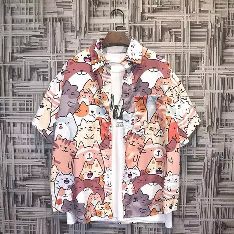 Cute Unisex Cat Cartoon Anime Print Loose Short Sleeve Shirt Button Up Aesthetic Casual Summer E-Girl Kawaii Korean Japanese Harajuku