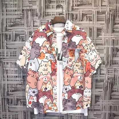 Cute Unisex Cat Cartoon Anime Print Loose Short Sleeve Shirt Button Up Aesthetic Casual Summer E-Girl Kawaii Korean Japanese Harajuku