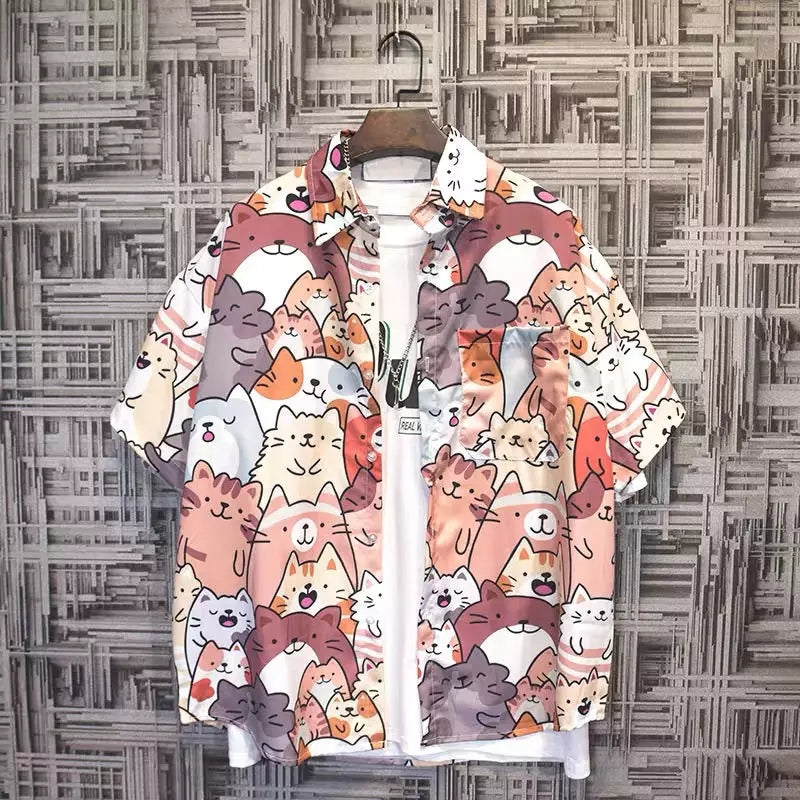Cute Unisex Cat Cartoon Anime Print Loose Short Sleeve Shirt Button Up Aesthetic Casual Summer E-Girl Kawaii Korean Japanese Harajuku