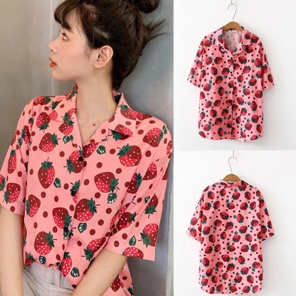 Cute Pink Strawberry Print Button Down Short Sleeve Shirt Blouse Aesthetic Casual Summer E-Girl Kawaii Korean Japanese Harajuku