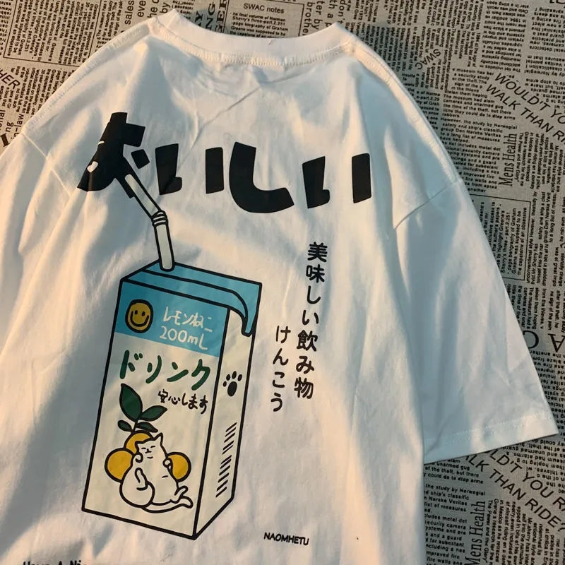 Japanese Cat Juice Box Print Short Sleeve T-shirt