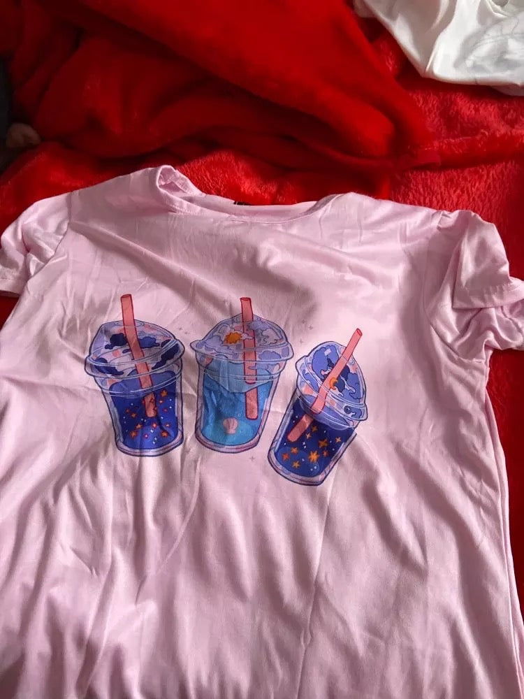 Cute Pink Milkshakes Drink Summer Pastel Print Short Sleeve Shirt Tee T-shirt E-Girl Kawaii Korean Japanese Harajuku Retro Streetwear Aesthetic