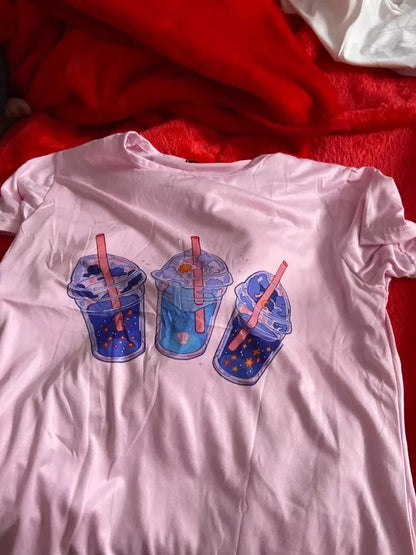 Cute Pink Milkshakes Drink Summer Pastel Print Short Sleeve Shirt Tee T-shirt E-Girl Kawaii Korean Japanese Harajuku Retro Streetwear Aesthetic