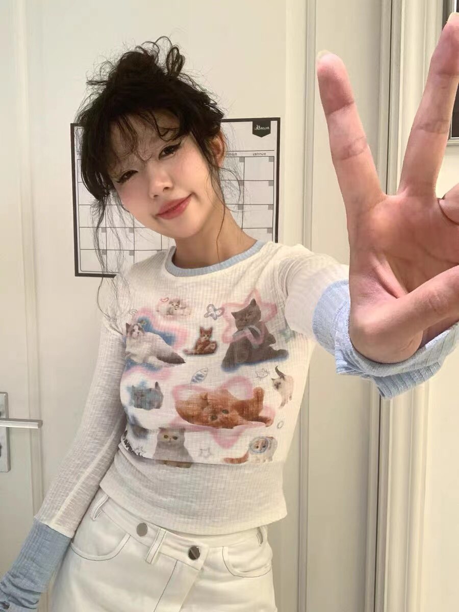 Kawaii Cat Print Long Sleeve T-shirt
