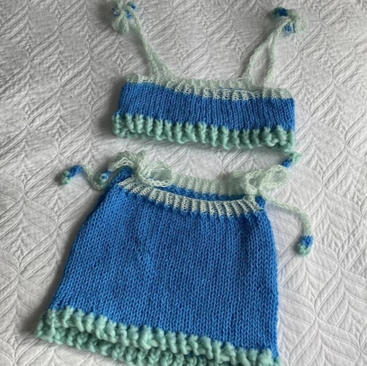 2PCS Blue Knit Tank Top + Mini Skirt