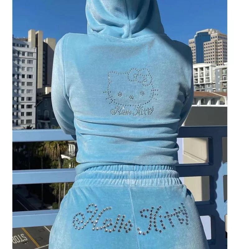 Cute Kitty Cat Rhinestone Crystal Tracksuit Zipper Hoodie Sweatshirt + Pants Trouser Aesthetic Casual E-Girl Kawaii Korean Japanese Harajuku
