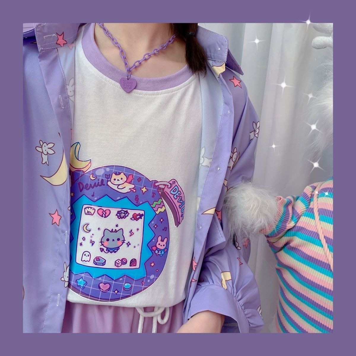 Pastel Purple Anime Star Moon Cartoon Blouse Oversized Long Sleeve Shirt Loose Button Autumn Winter E-Girl Kawaii Korean Japanese Harajuku Streetwear